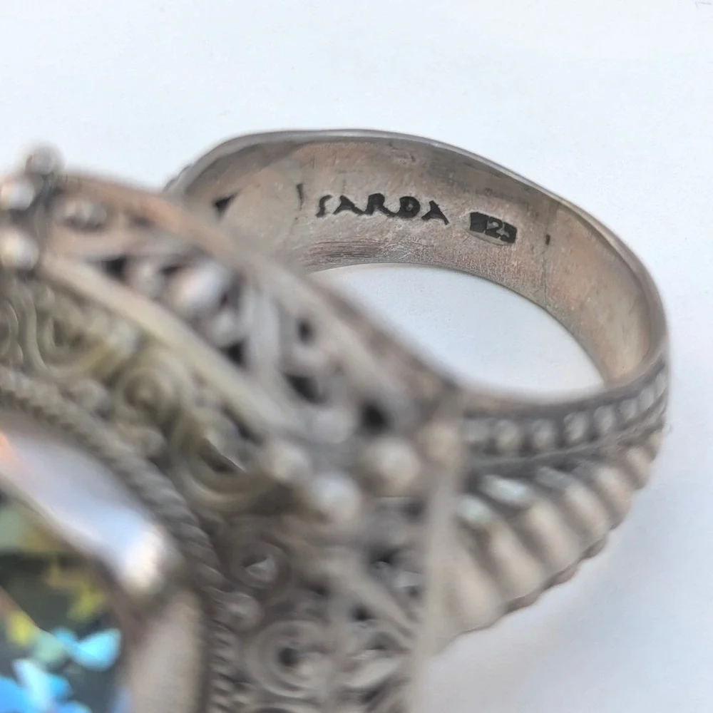 Sarda Sterling Silver 925 Blue Topaz Filigree Bali‎ Scroll Cocktail Ring Size 7